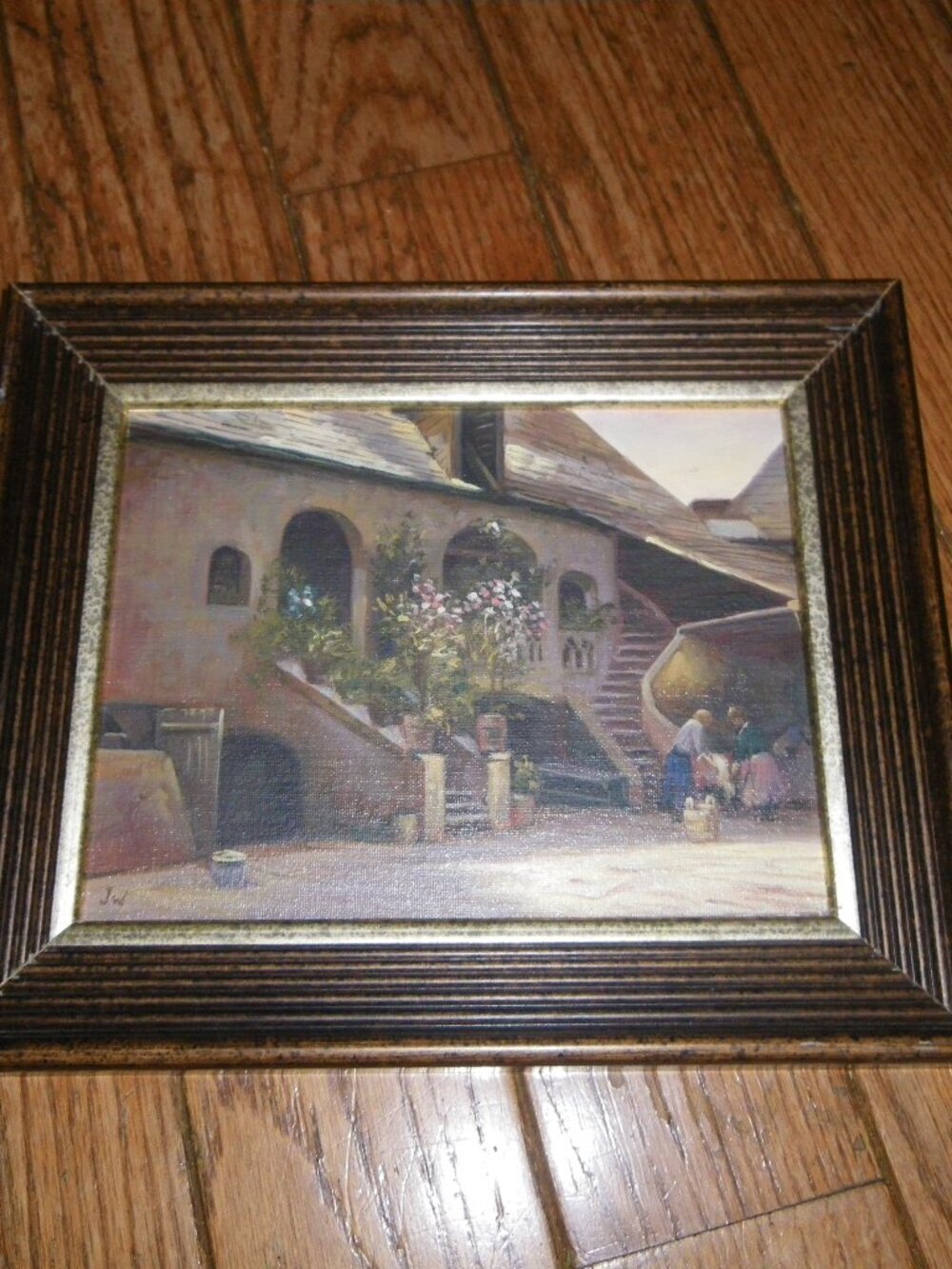 Vintage Small Framed Oil Painting Classic European Country Town